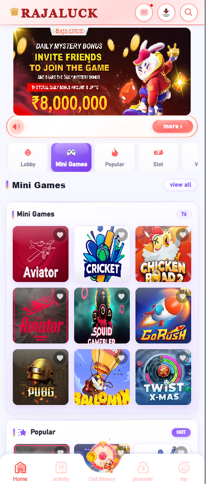 Raja Luck Game categories on mobile